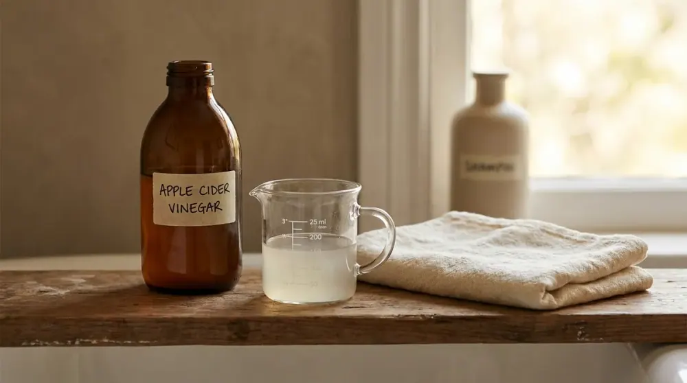 Bodegón con vinagre de manzana y jarra de agua para preparar un aclarado ácido casero contra los residuos de cal del agua dura