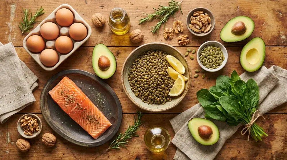 Bodegón de alimentos con proteína, hierro y zinc que ayudan a frenar la caída del pelo