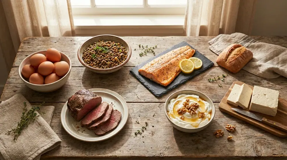 Alimentos ricos en proteína para el pelo: huevos, legumbres, salmón, carne, lácteos y tofu sobre una mesa de madera