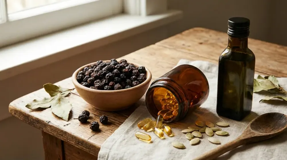 Bodegón con bayas de saw palmetto, cápsulas, aceite de semilla de calabaza y pipas: los complementos anticaída con base anti-DHT