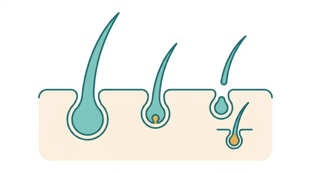 Ilustración del ciclo de crecimiento del pelo: fase de crecimiento, transición y reposo con el pelo nuevo empujando al viejo