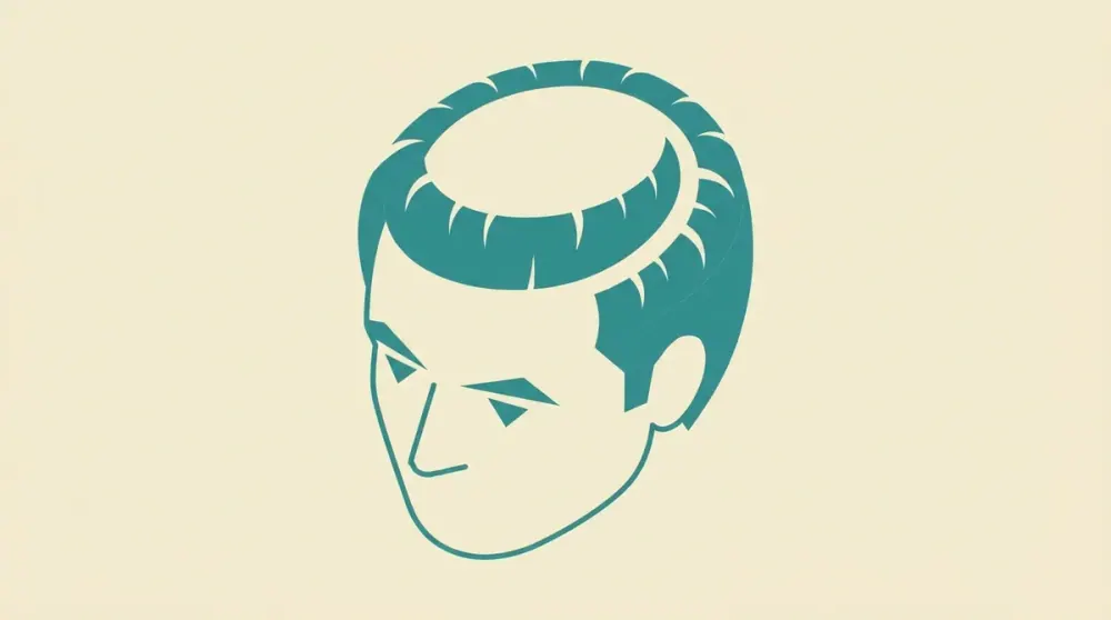 Ilustración del efecto isla tras un injerto capilar: franja frontal injertada que resiste mientras la alopecia avanza por detrás