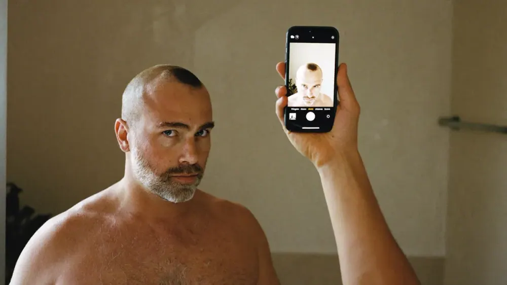 Hombre haciéndose fotos de seguimiento de su línea capilar frente al espejo con el móvil para documentar la evolución de su alopecia