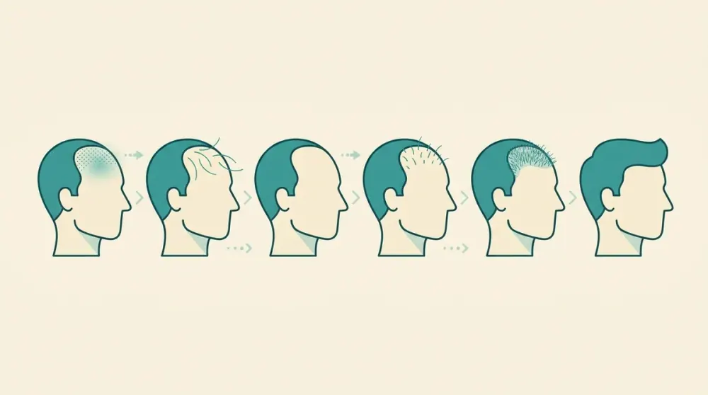 Línea de tiempo ilustrada de la evolución de un injerto capilar mes a mes, desde el postoperatorio hasta el resultado maduro
