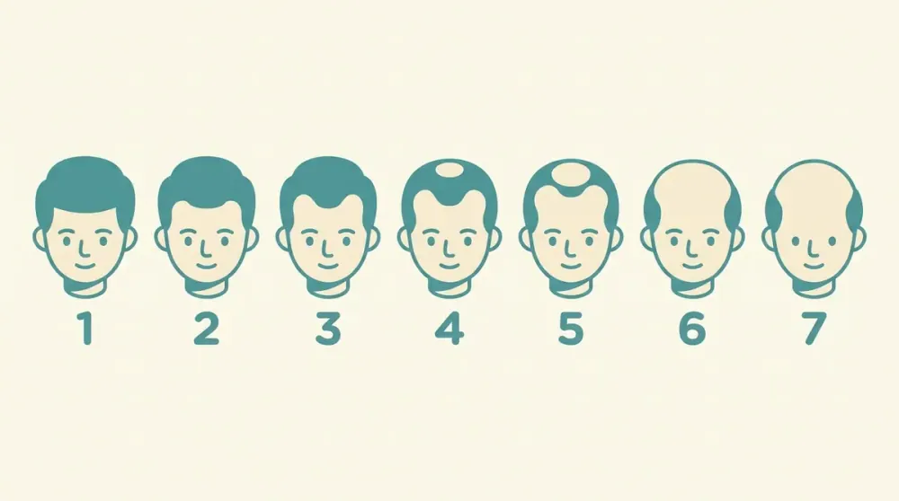 Escala Norwood ilustrada: las 7 fases de la alopecia androgenética masculina, desde las primeras entradas hasta la herradura