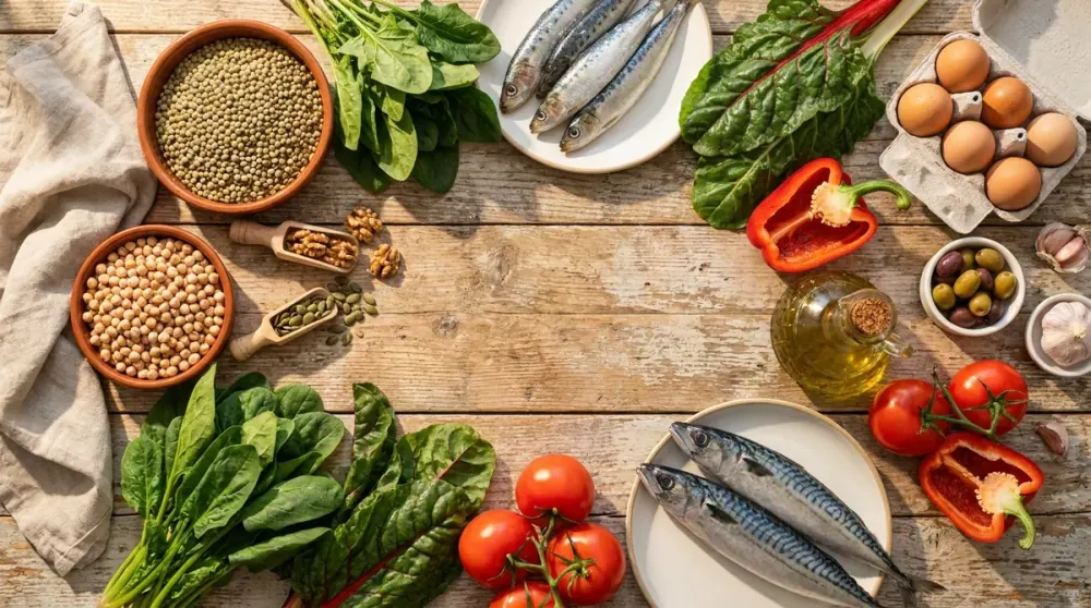Bodegon cenital de alimentos mediterraneos antiinflamatorios buenos para el pelo: pescado azul, verdura, legumbres, frutos secos y aceite de oliva virgen extra